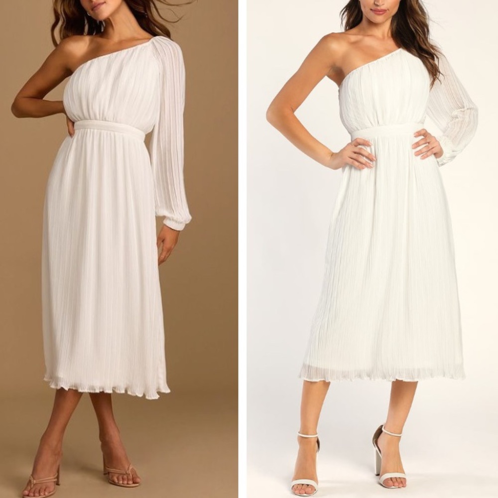 ❤️ Lulus 
Always Loving You White Pleated One-Shoulder Midi Dress